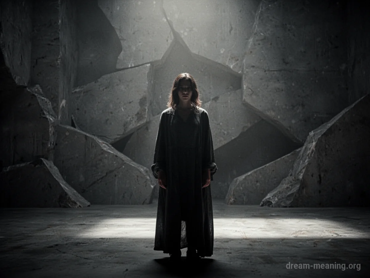 A silhouetted figure stands in a shadowy, abstract space.