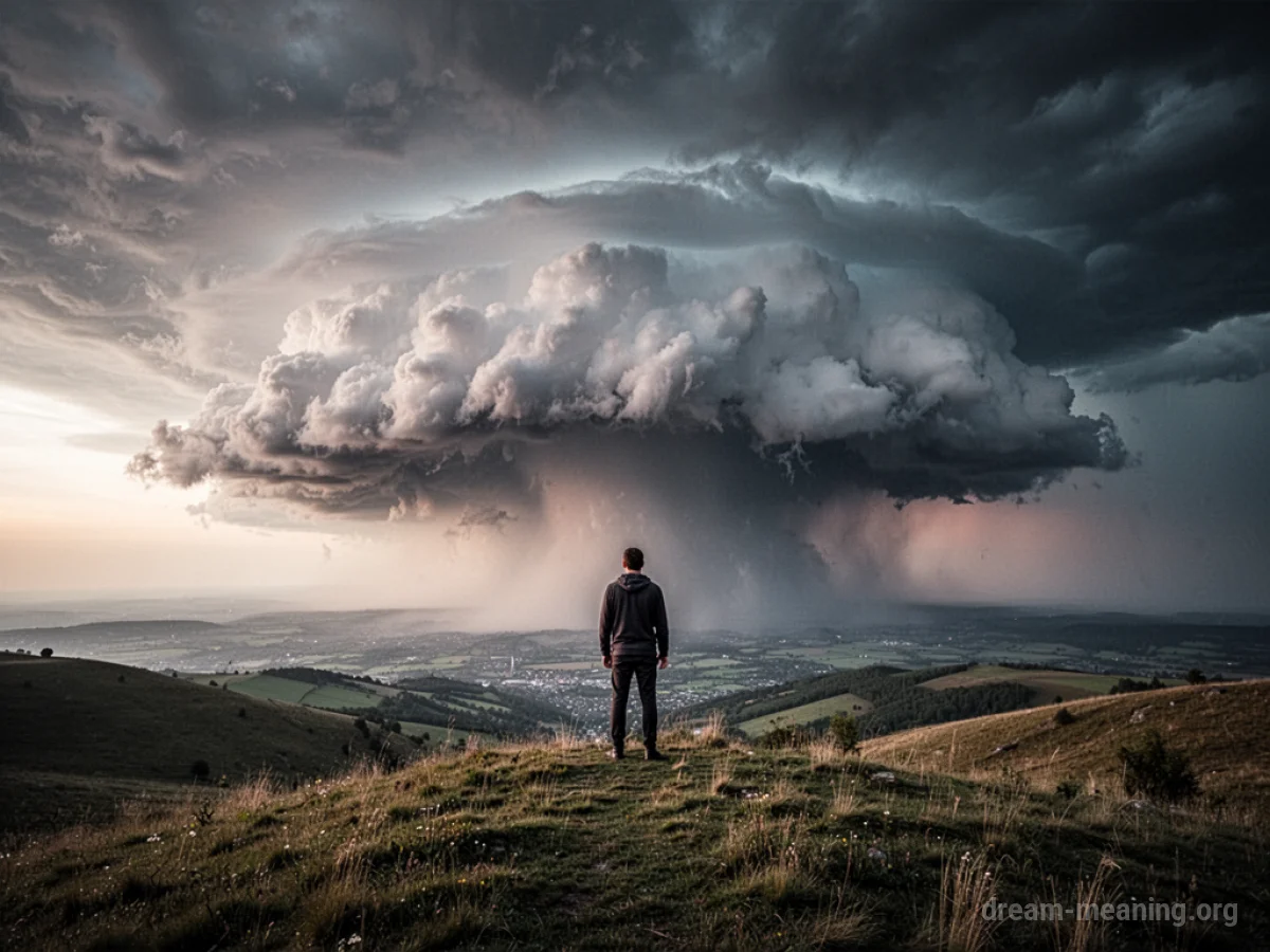 A person stands on a hill looking at a dark storm cloud.