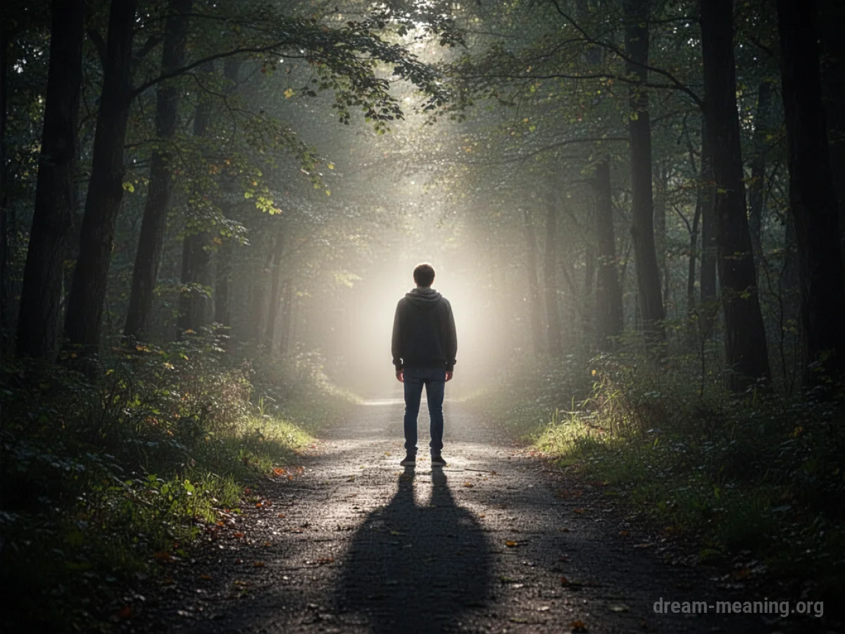 A person stands at the threshold between darkness and a bright light.