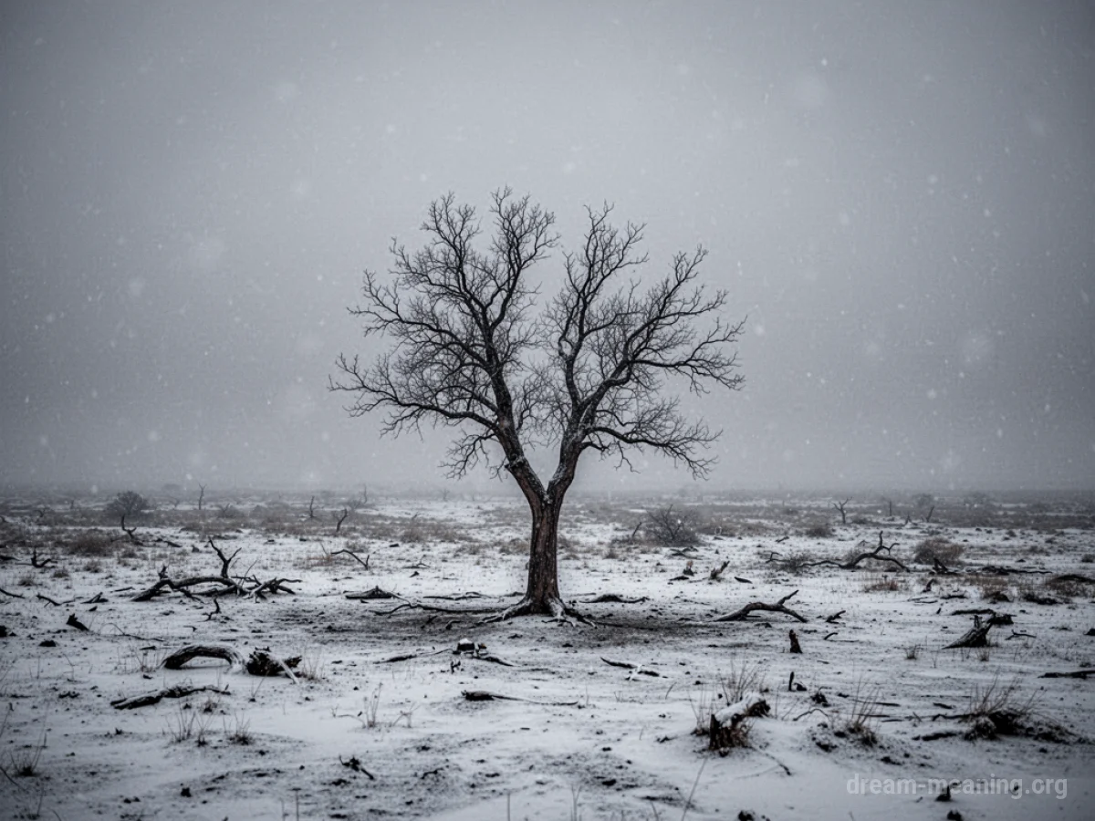 A vast expanse of snow under a cloudy, grey sky with a solitary, bare tree.