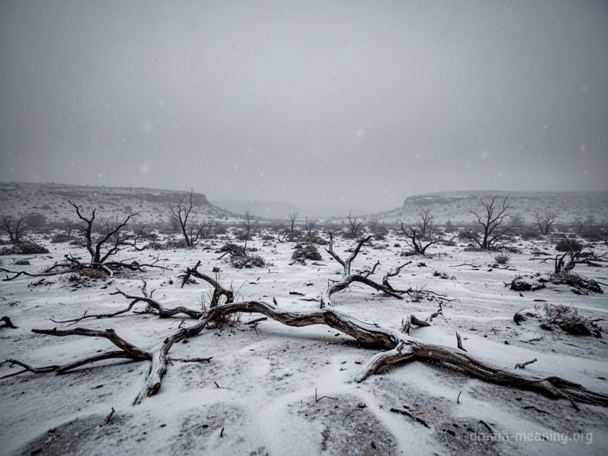 A vast, desolate snowy field under a heavy, overcast sky.