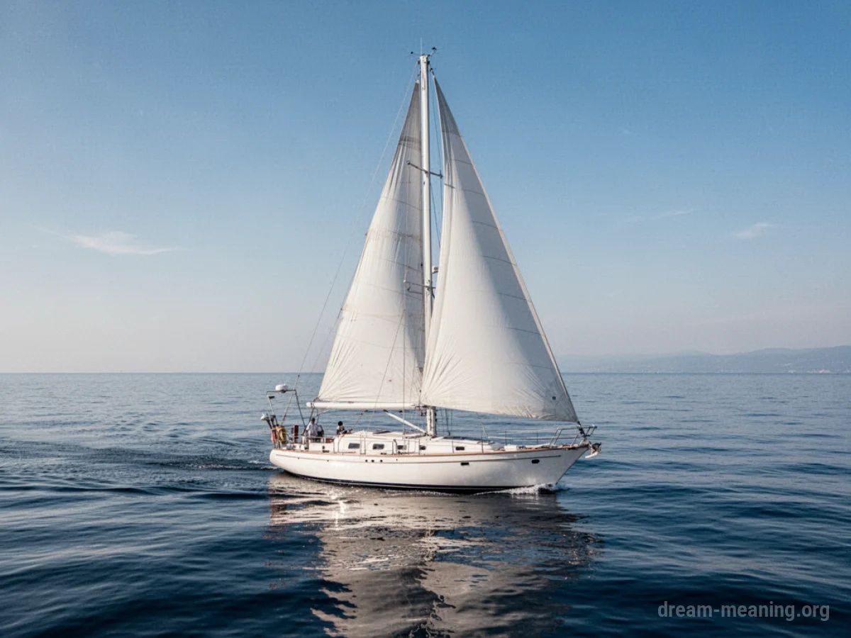 A clean, white sailboat with its sails unfurled on calm blue water.