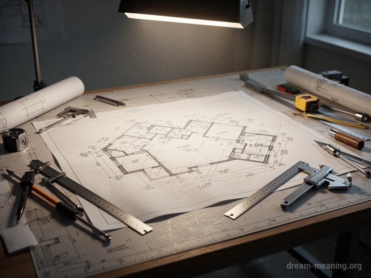 A blueprint for a building on a table with drafting tools.