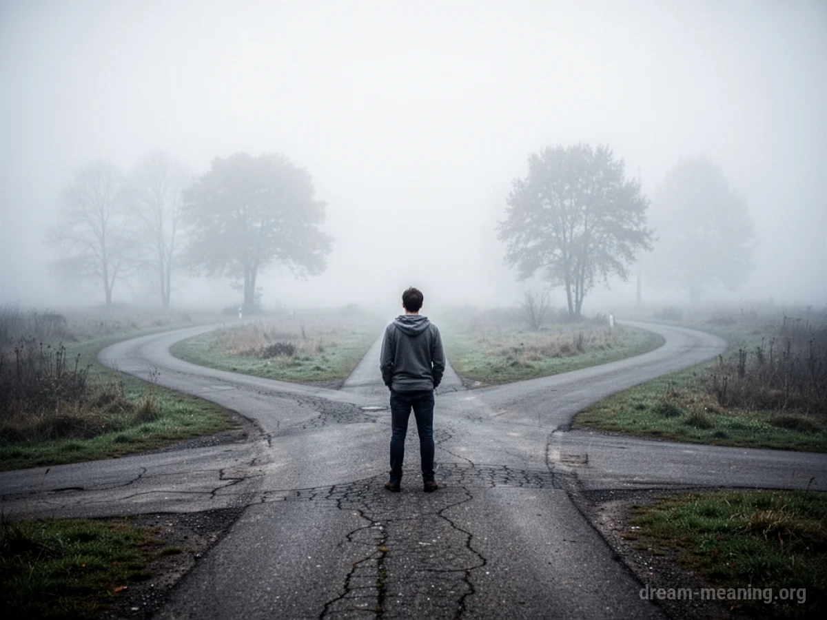 A person stands at an unmarked intersection with several paths disappearing into mist.
