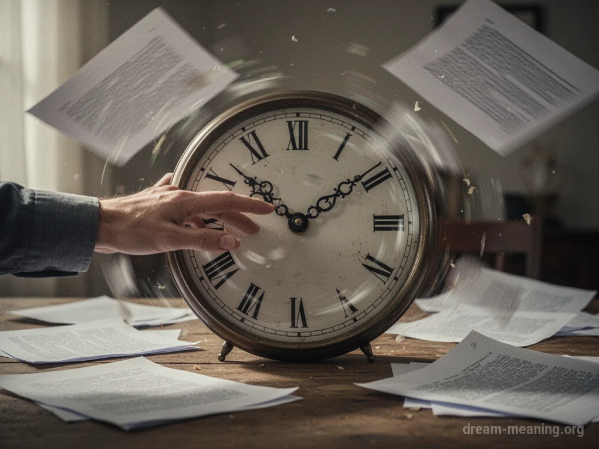 A clock with spinning hands surrounded by scattered papers.