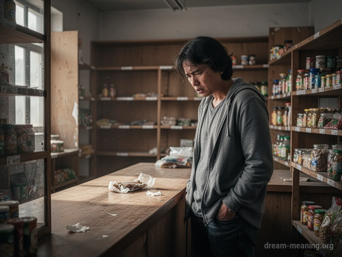 Person with empty pockets at a shop counter.