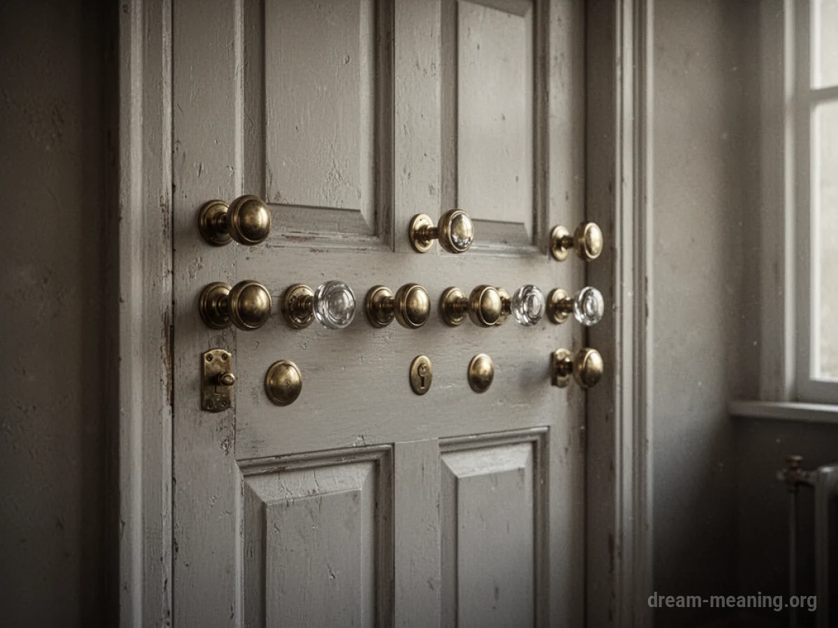 A closed door with many identical doorknobs.