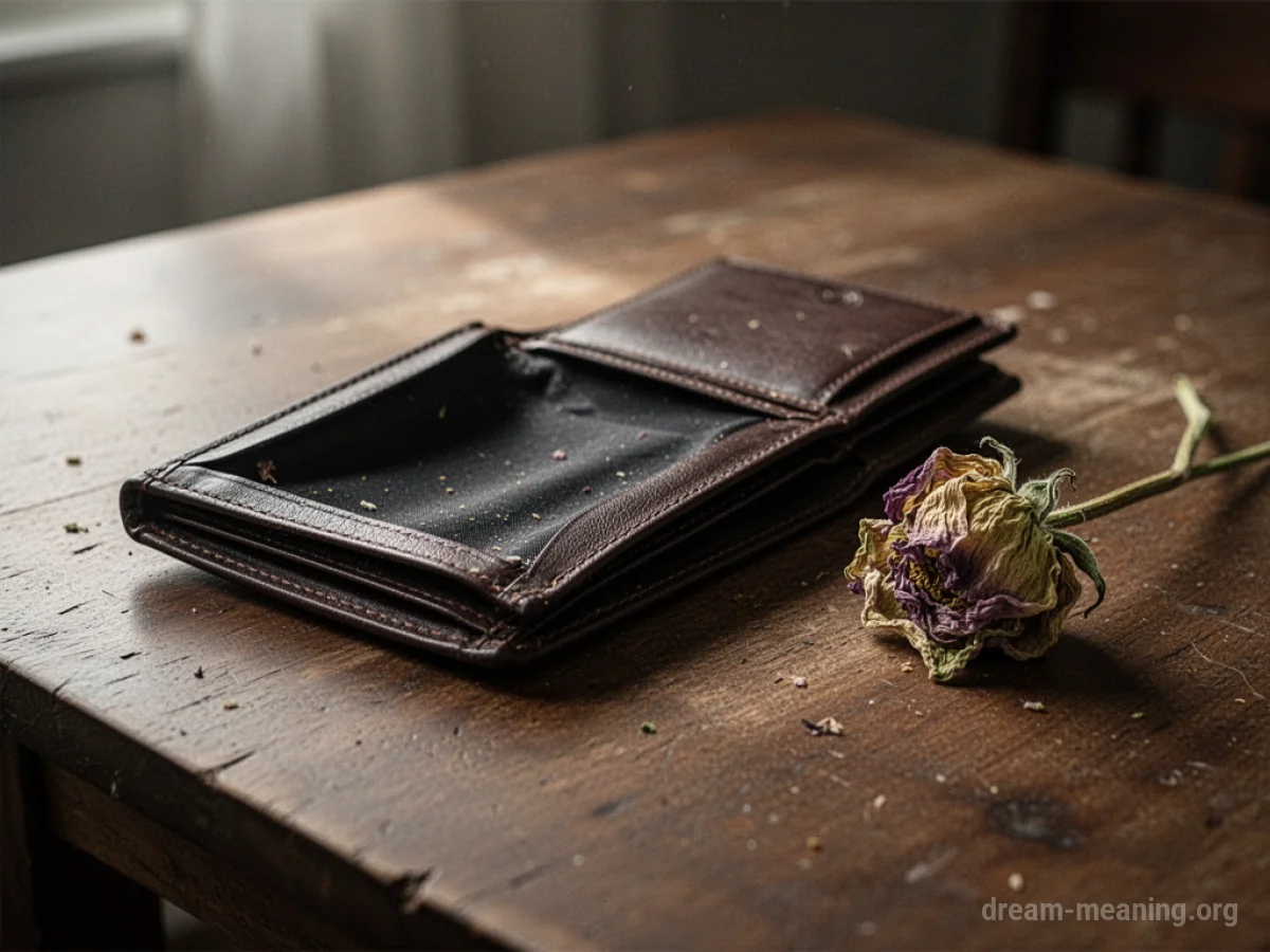 An empty wallet on a wooden table next to a drooping flower.