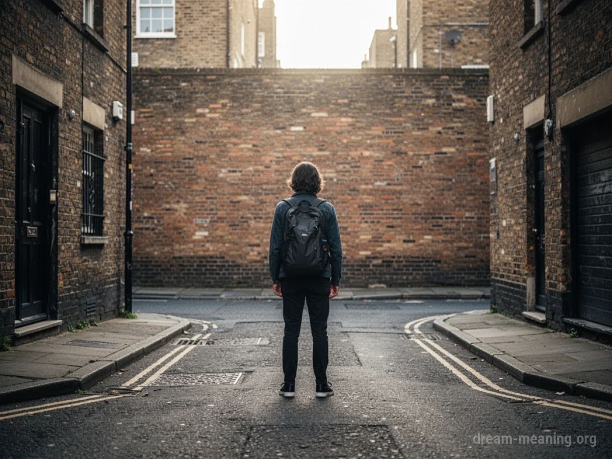 A person facing a brick wall at the end of a street.