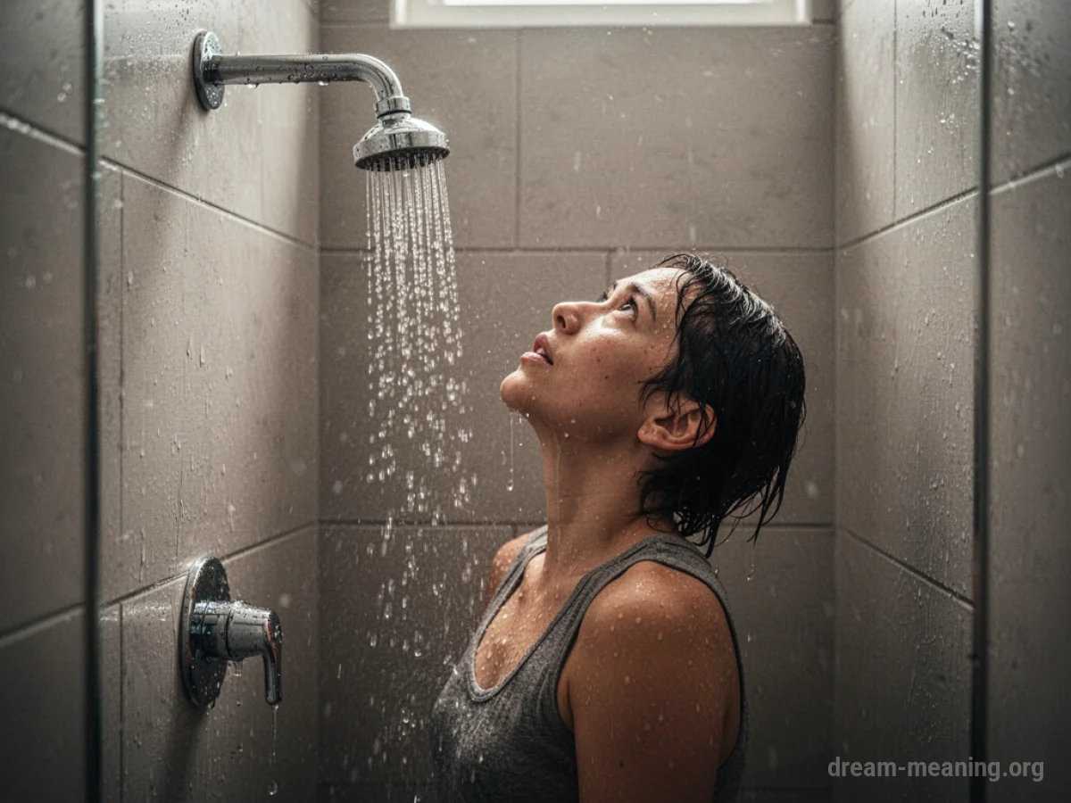 A person in a shower stall looking at a dry faucet.