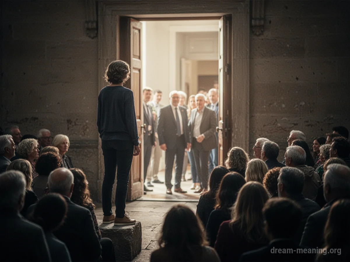 Silhouette of a person standing apart from a group moving towards a bright opening.