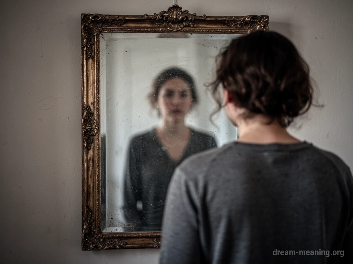 A person looking into a mirror with an unclear reflection.