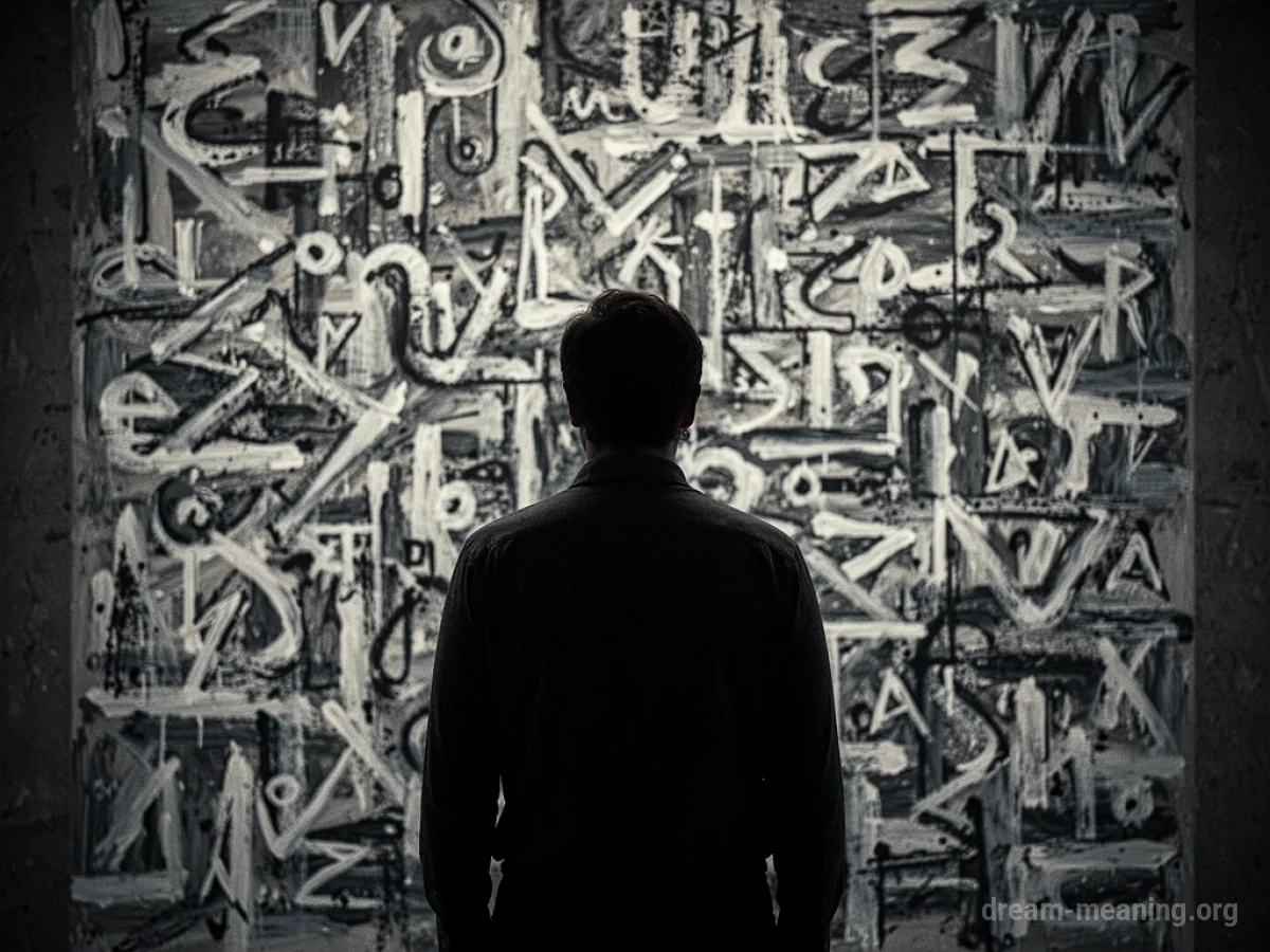 Silhouette of a person facing an abstract, unreadable pattern.