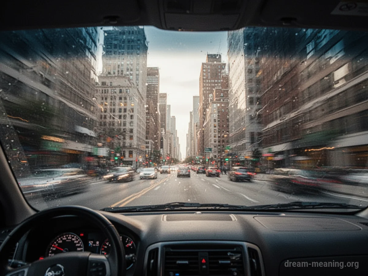 Streaked buildings seen through a car window.