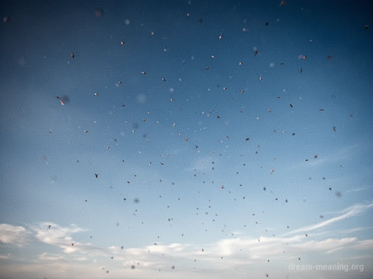 Numerous small objects drifting down from a bright blue sky.