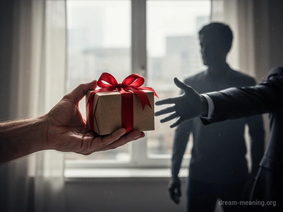 A hand extends a wrapped gift which is ignored by a distant figure.