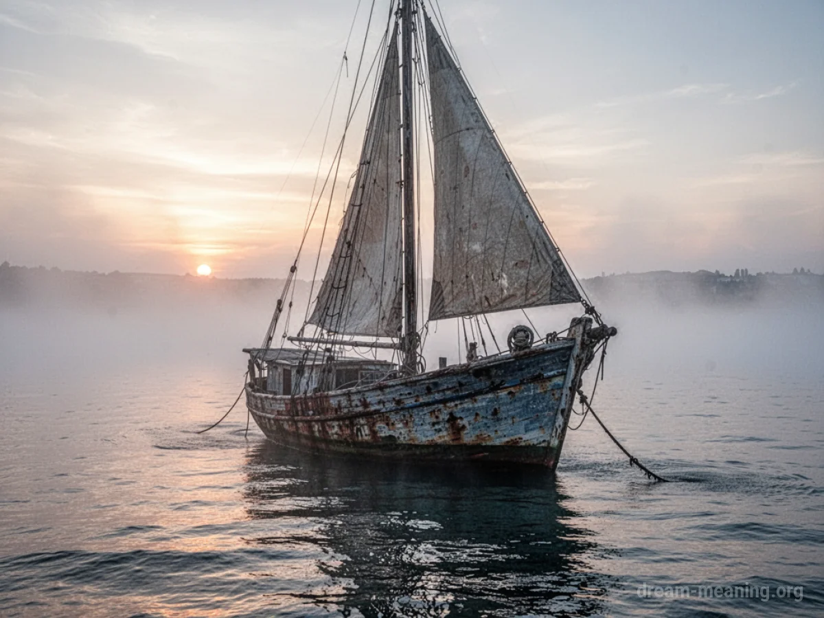 A faded, aged sailboat adrift on a quiet body of water.