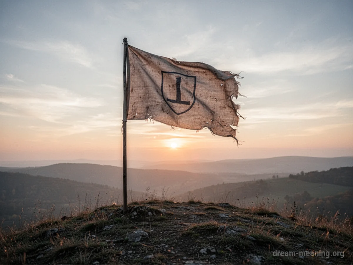A worn flag planted on a grassy hill under a pale sky.