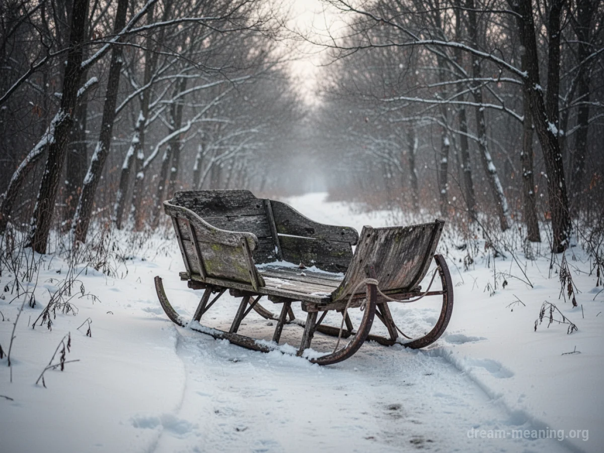 A vintage wooden sleigh sitting in a snowy landscape.