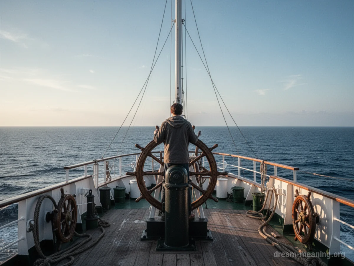A person steering a ship on a calm sea.