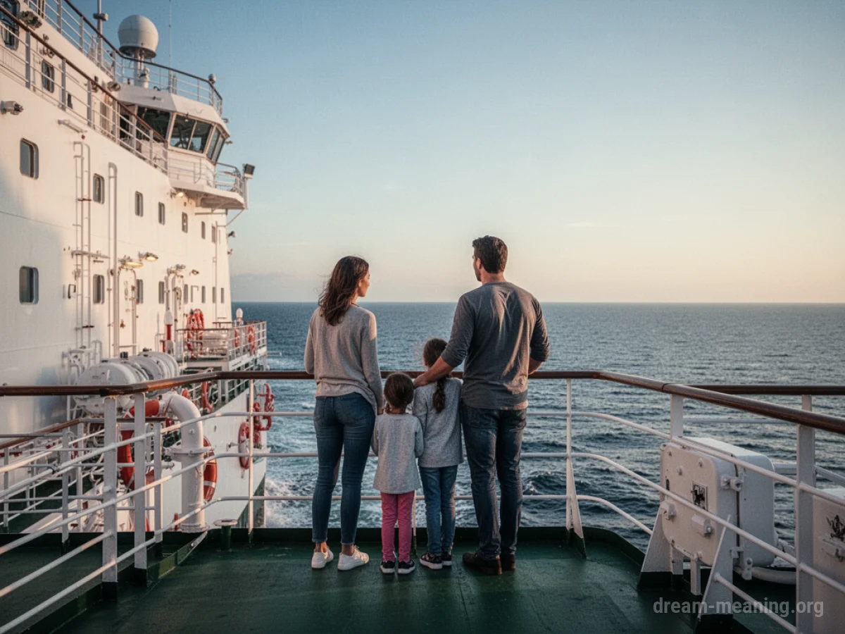A family stands on the deck of a ship.