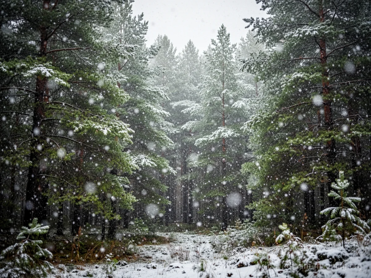 Snow falling in a green forest.