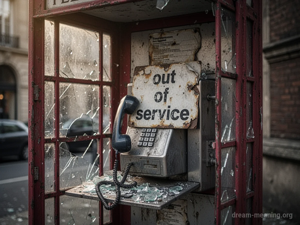 A vintage public telephone booth with a sign indicating it is out of service.