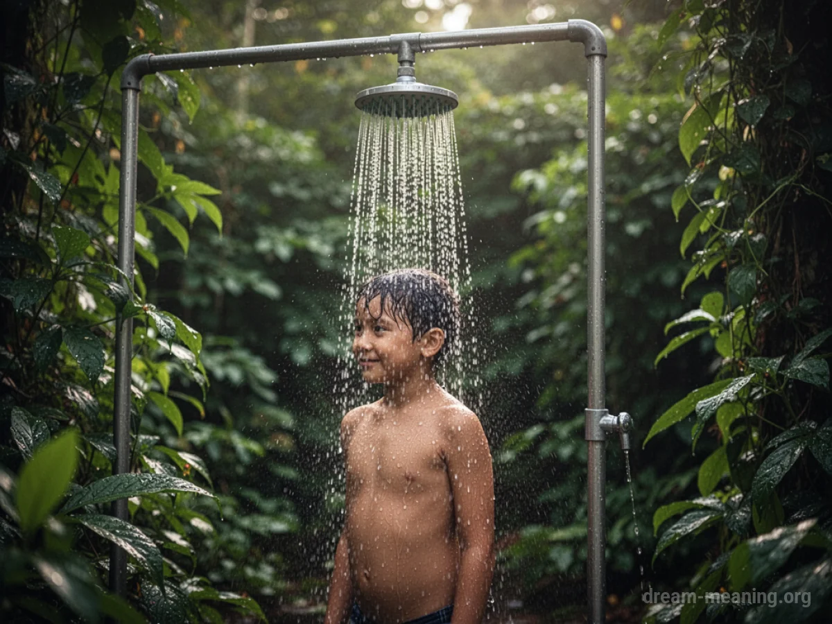A person showering outdoors surrounded by plants.