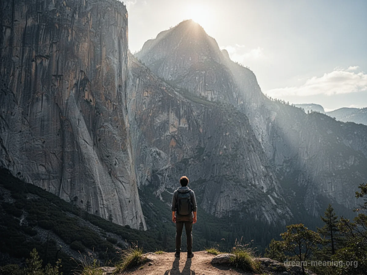 A silhouette of a person at the base of a tall cliff.