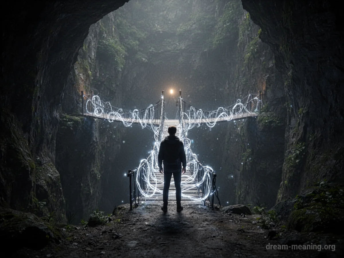 Silhouette of a person standing before a dark chasm, with a pathway of light extending across it.