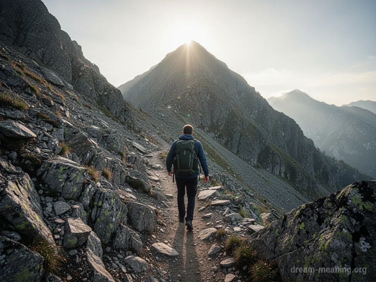 A lone figure ascending a difficult mountain trail.