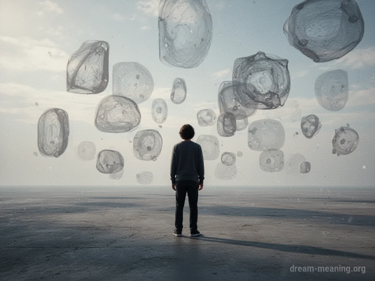 A single figure in an empty expanse surrounded by many faint, floating abstract shapes.