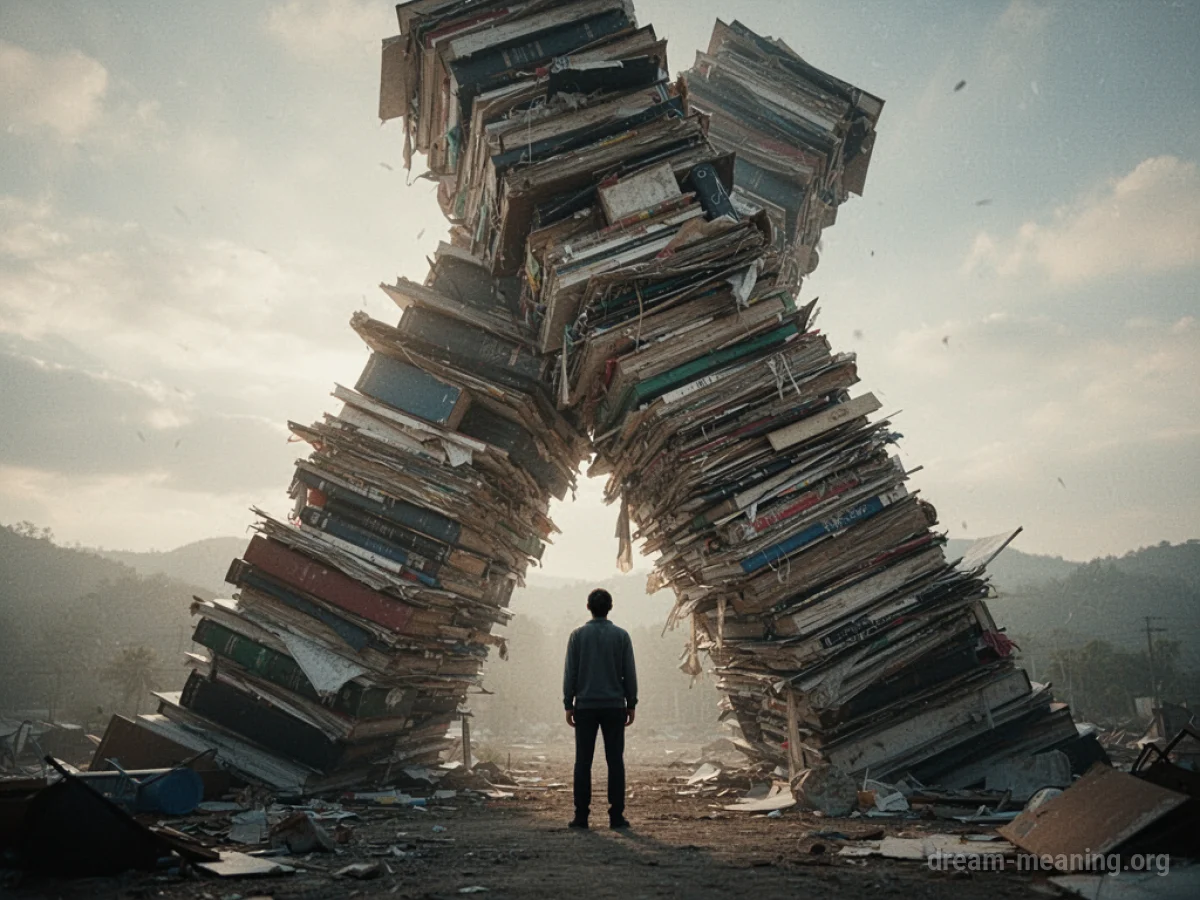 A person standing before a very tall stack of undefined items.