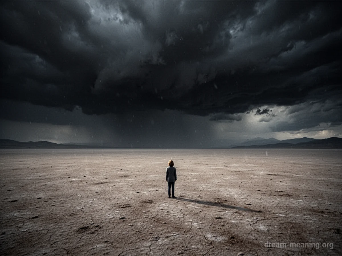 A lone figure stands in a desolate landscape under a heavy sky.