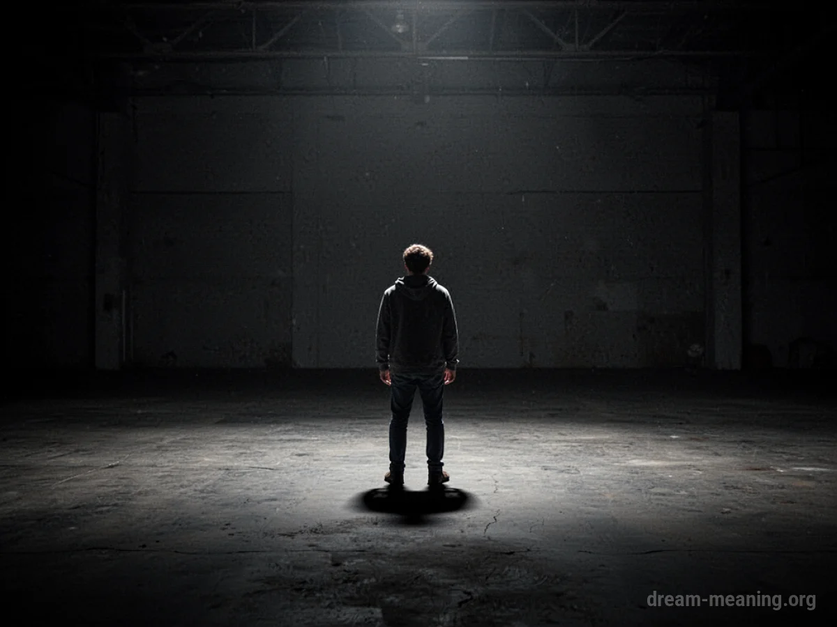 A solitary figure in a large, dark, empty space with shadows.