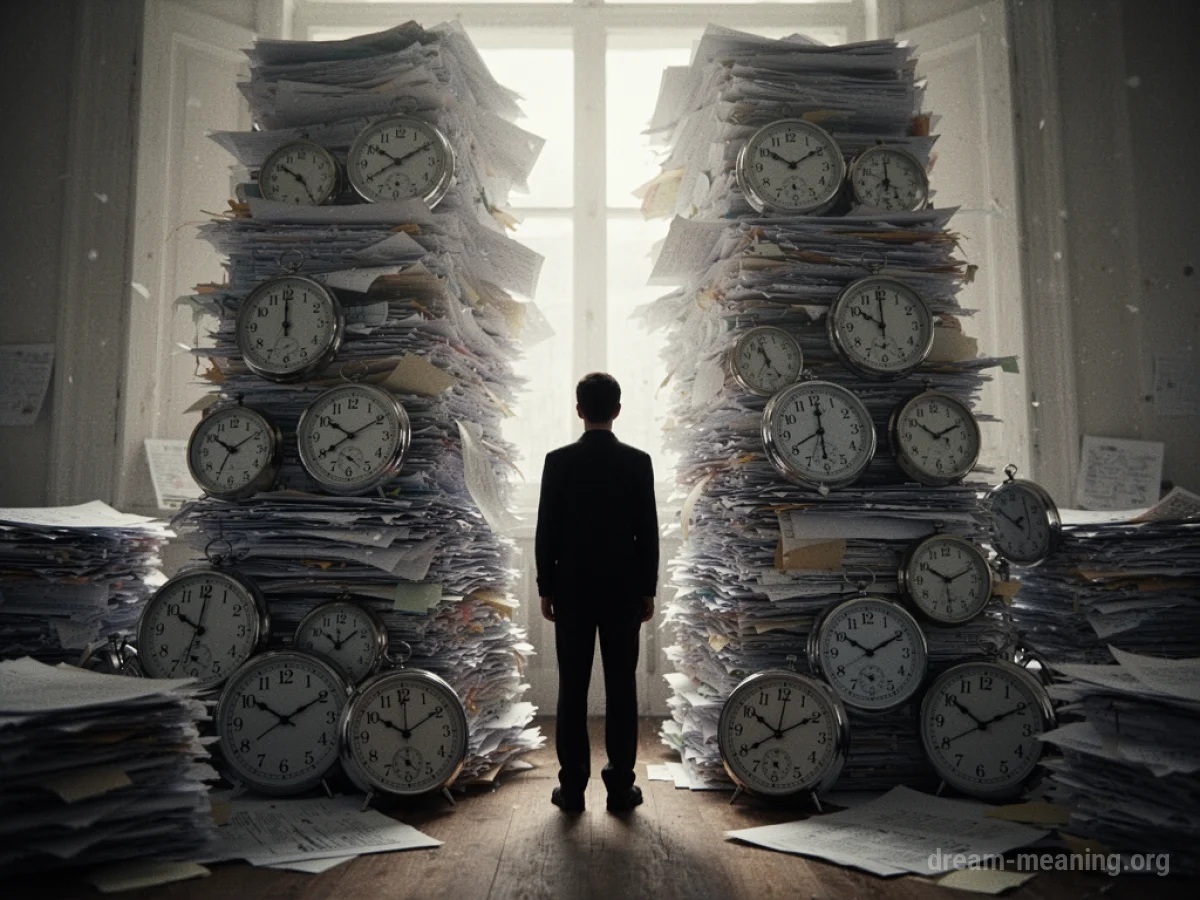 Silhouette of a person overwhelmed by a giant stack of papers and clocks.