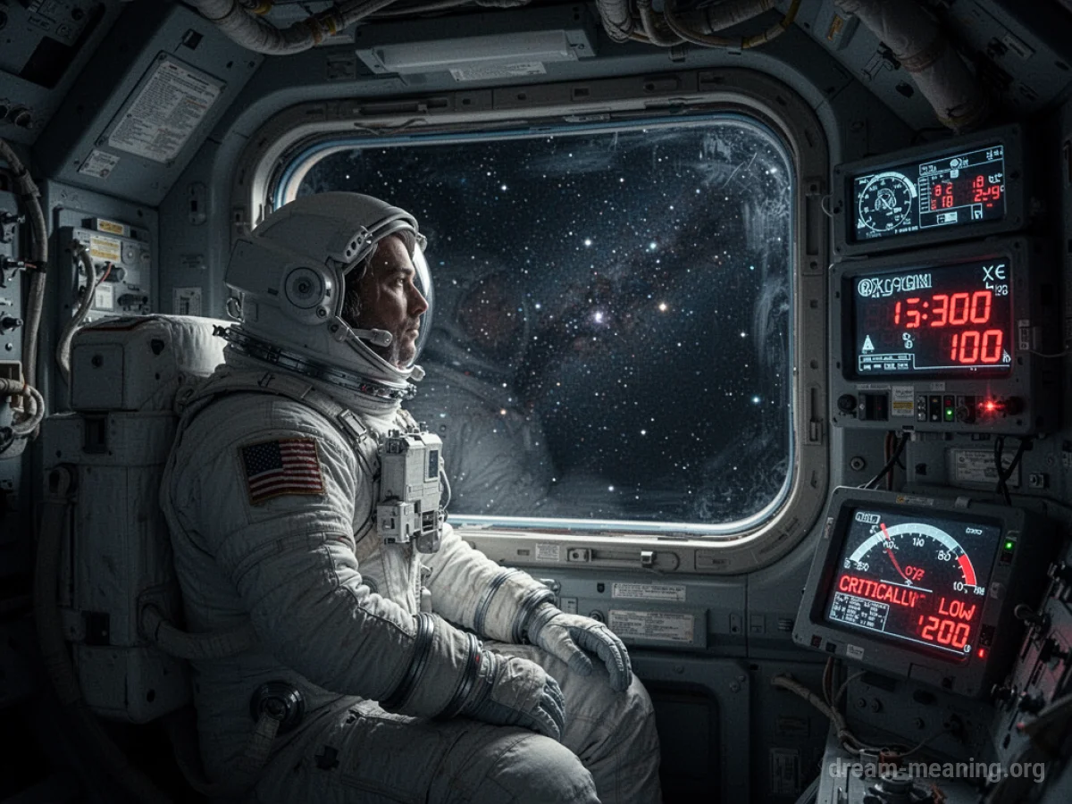 Astronaut inside a spaceship looking out a window at stars.