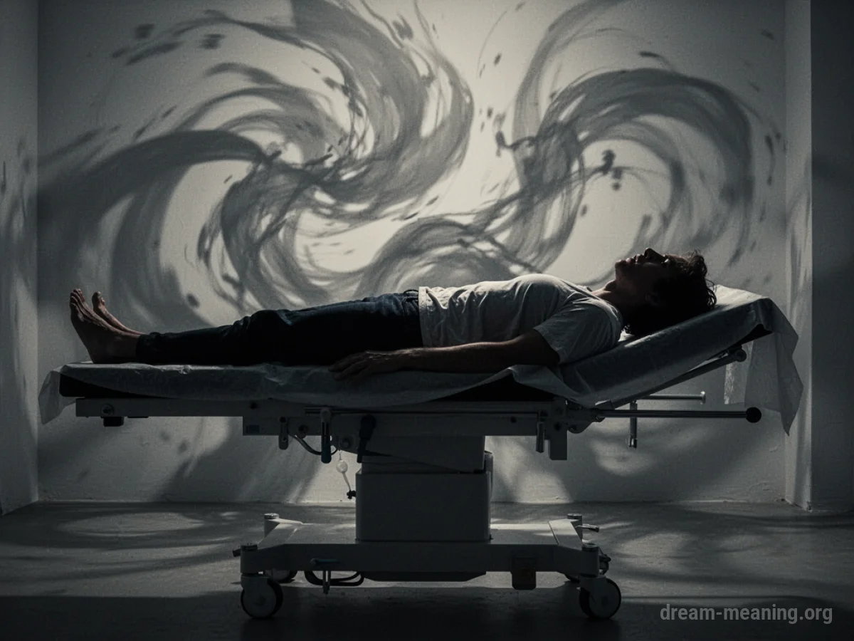 Silhouette of a person on a medical table with dark, swirling shadows.