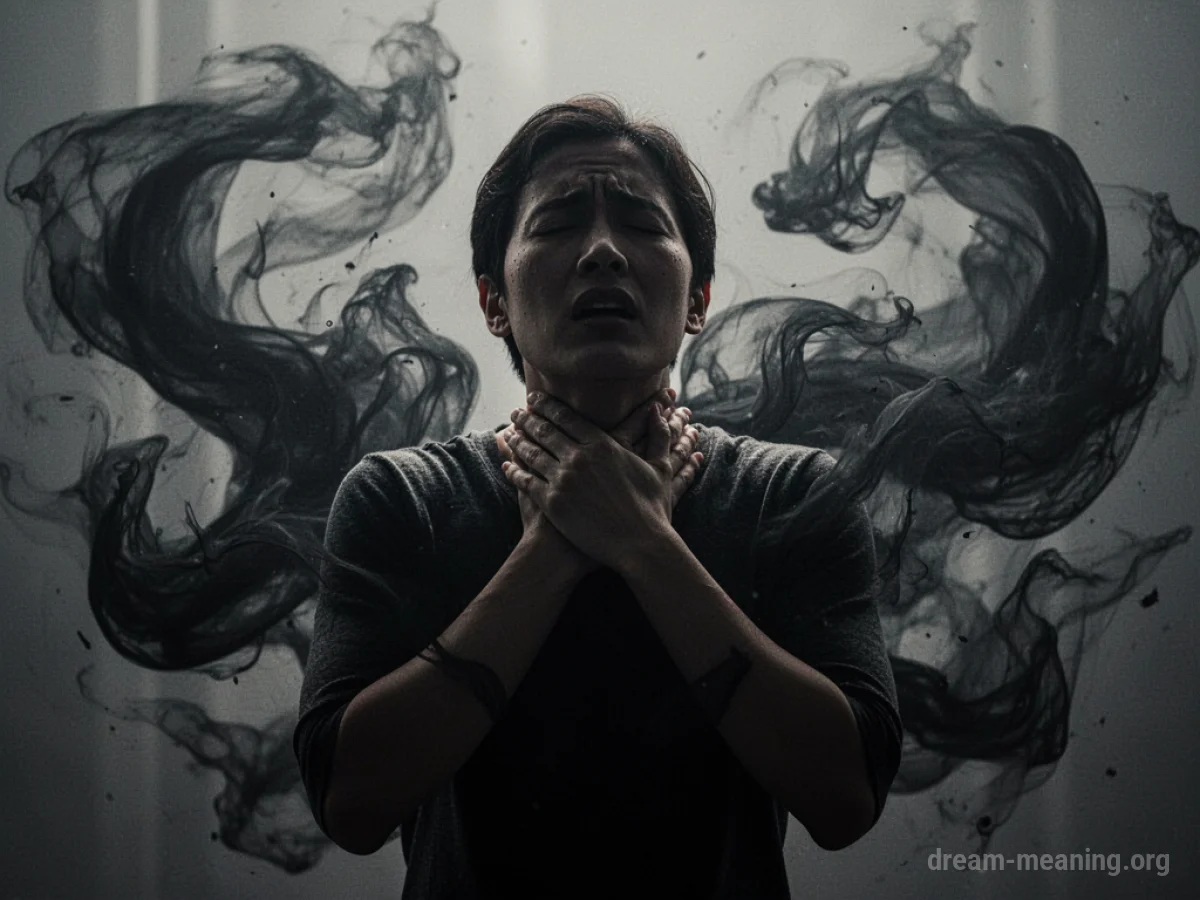 Silhouette of a person struggling to breathe, surrounded by dark, swirling patterns.