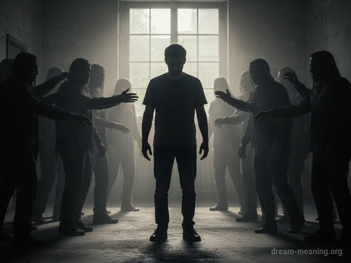 Silhouette of a person frozen in place, surrounded by blurry, dark shapes.