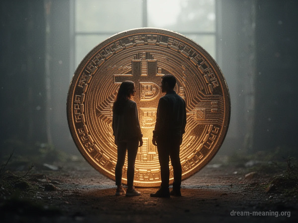 Two figures stand near a large, illuminated coin.