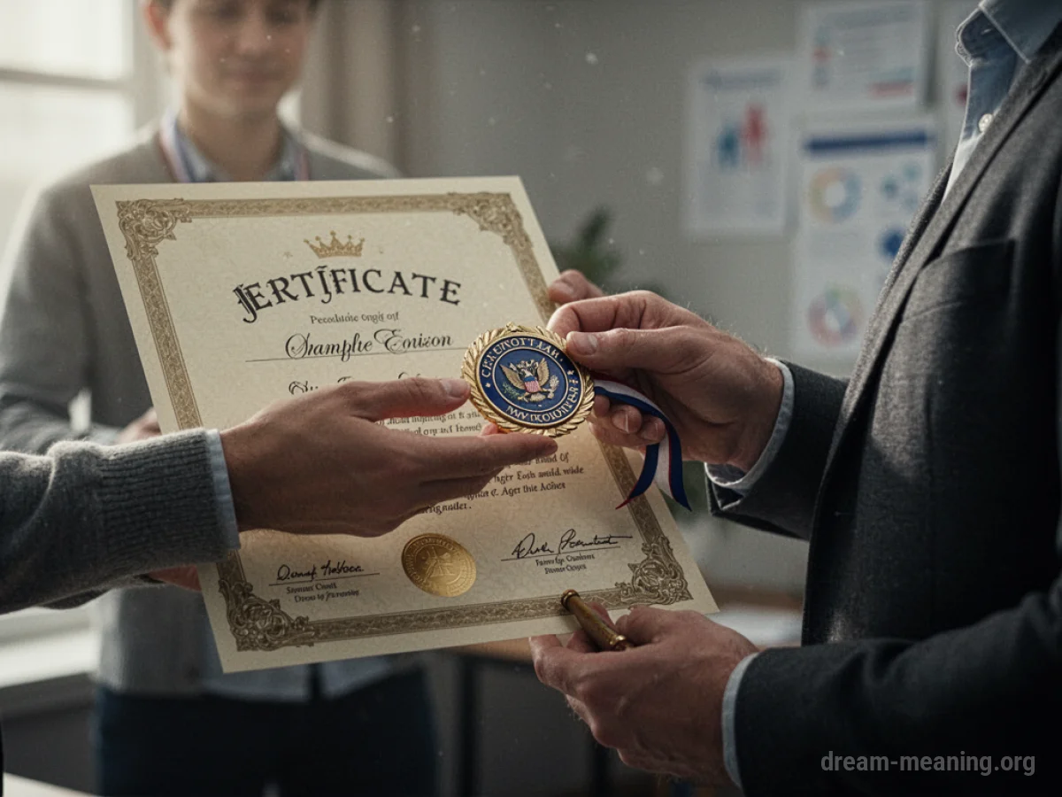 A hand receiving a small, official-looking certificate.