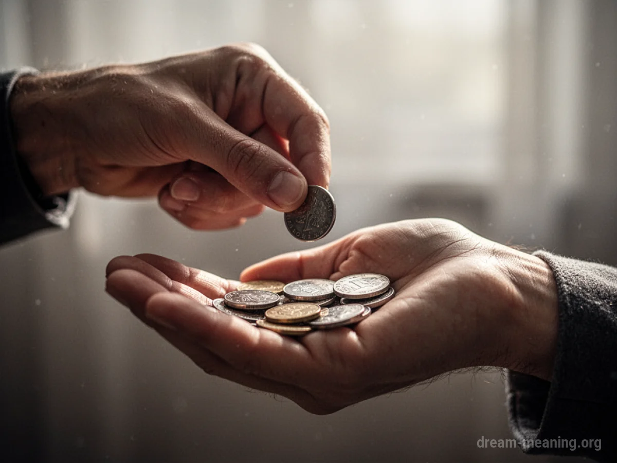 A hand offering coins to another hand.