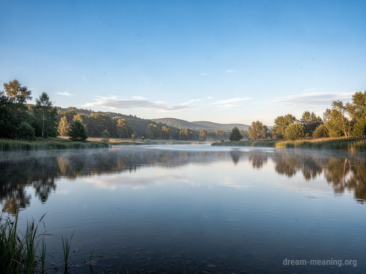 A calm lake reflecting a clear sky and gentle sunlight.