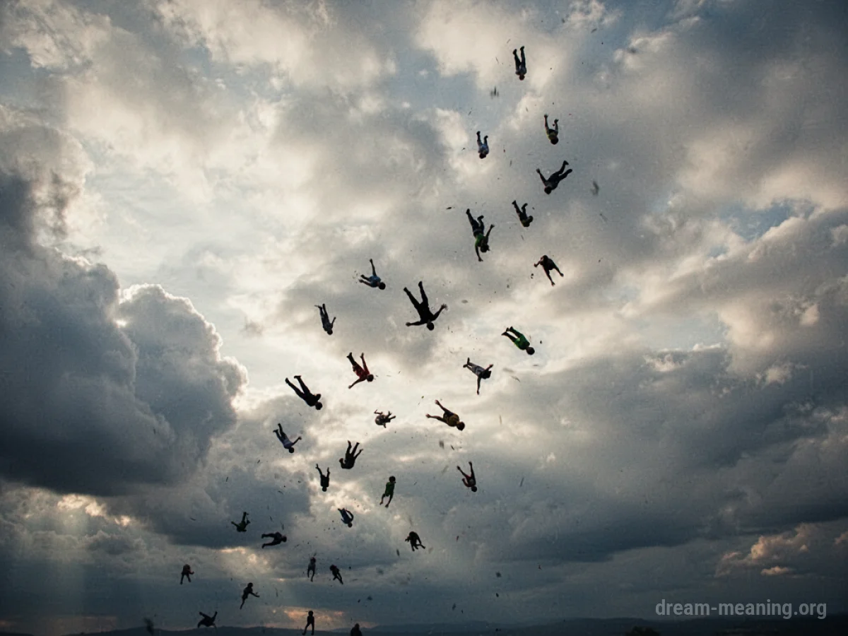 Multiple human silhouettes descending against a backdrop of clouds.