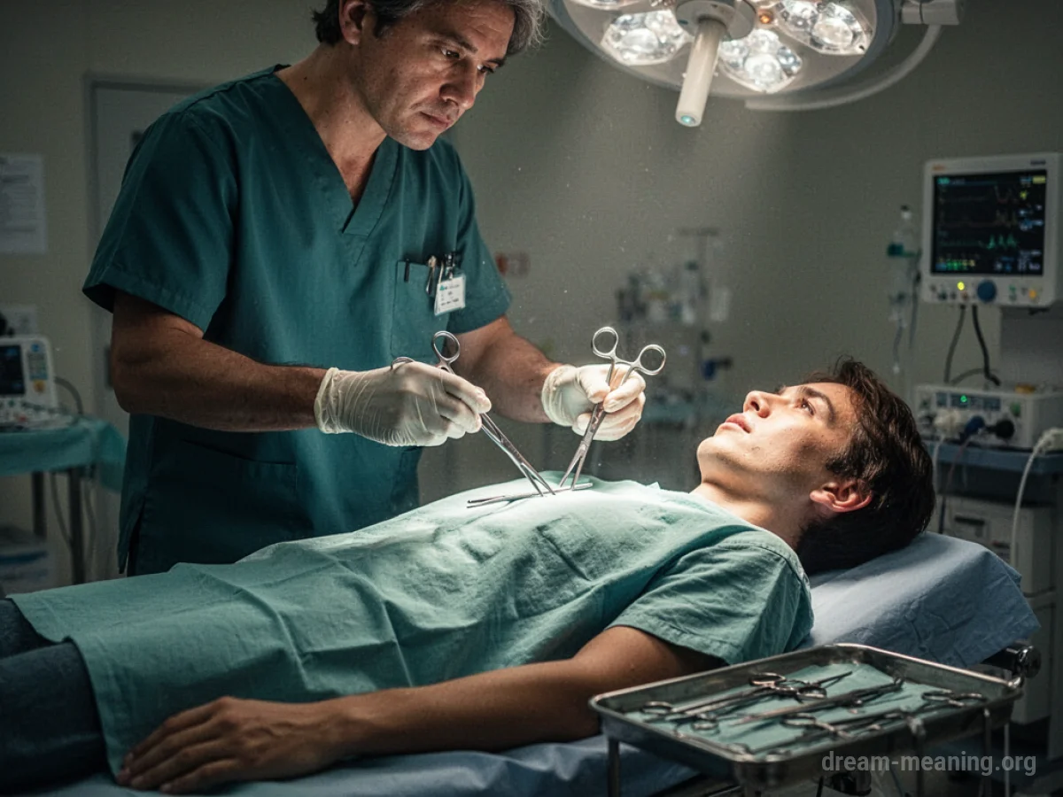 A person in medical attire holding surgical tools above a patient on an operating table.