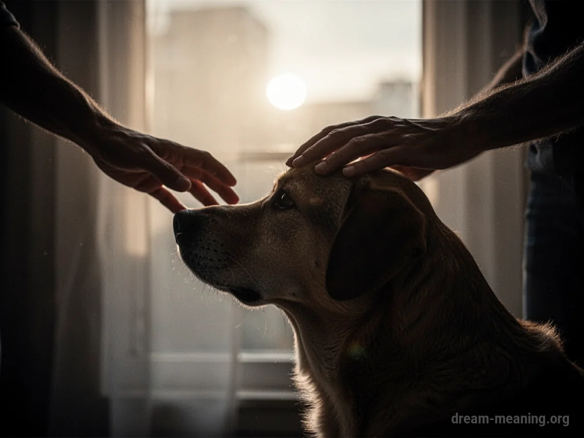 A silhouette of a person's hand on a dog's head.
