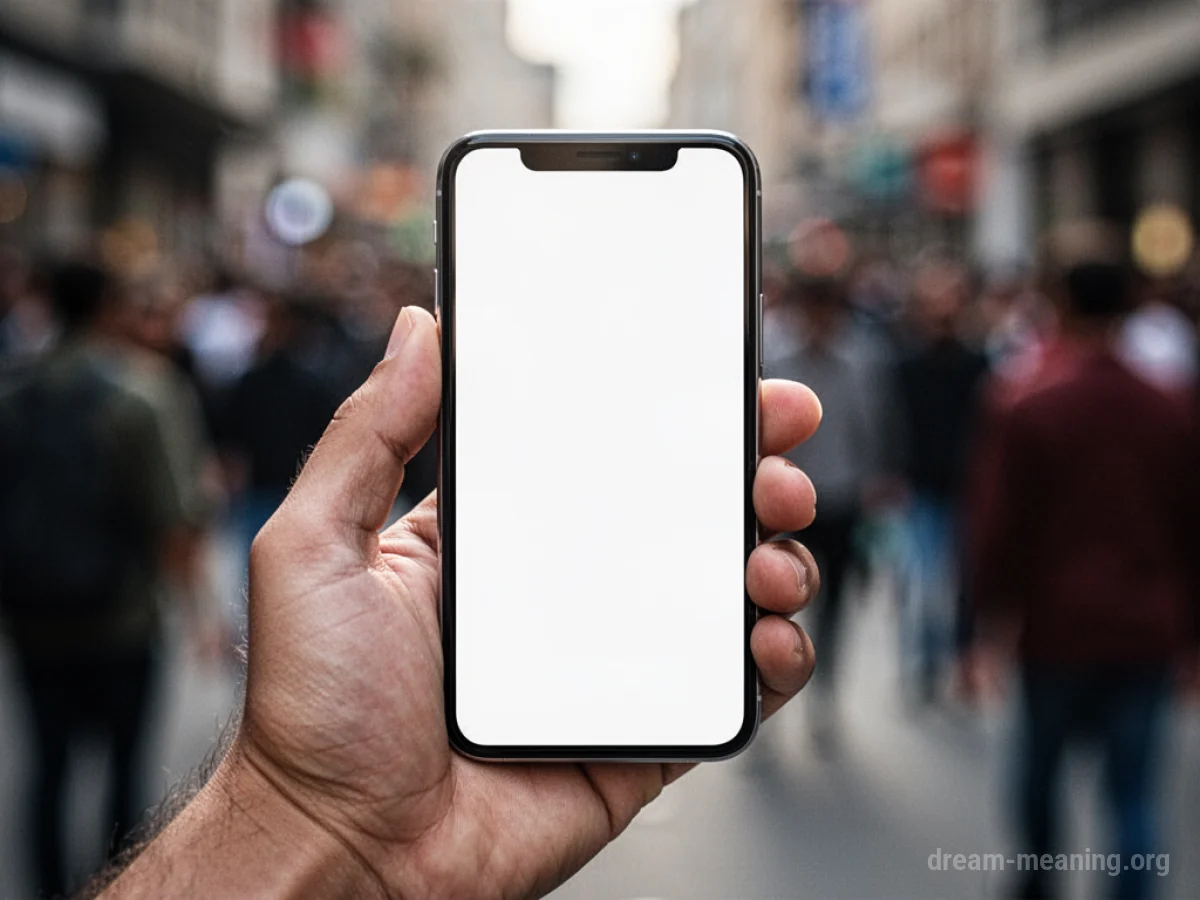 A hand holding a dark smartphone with a blank screen.