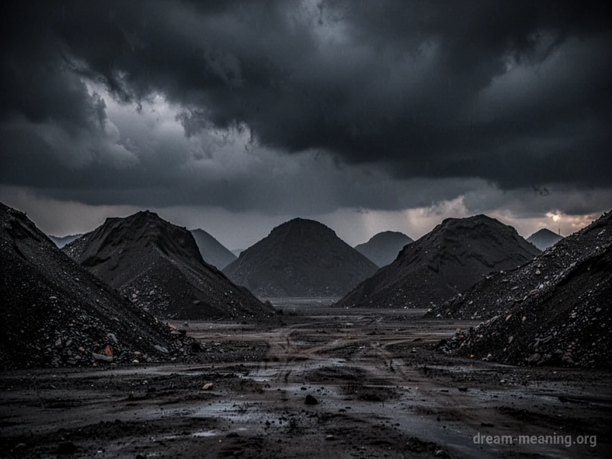 Silhouettes of large, indistinct piles against a dark, stormy sky.