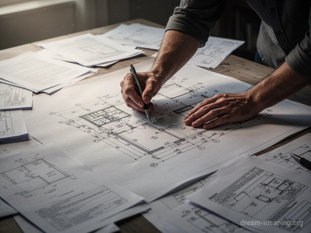 Hands drawing a detailed strategy plan on a blueprint.